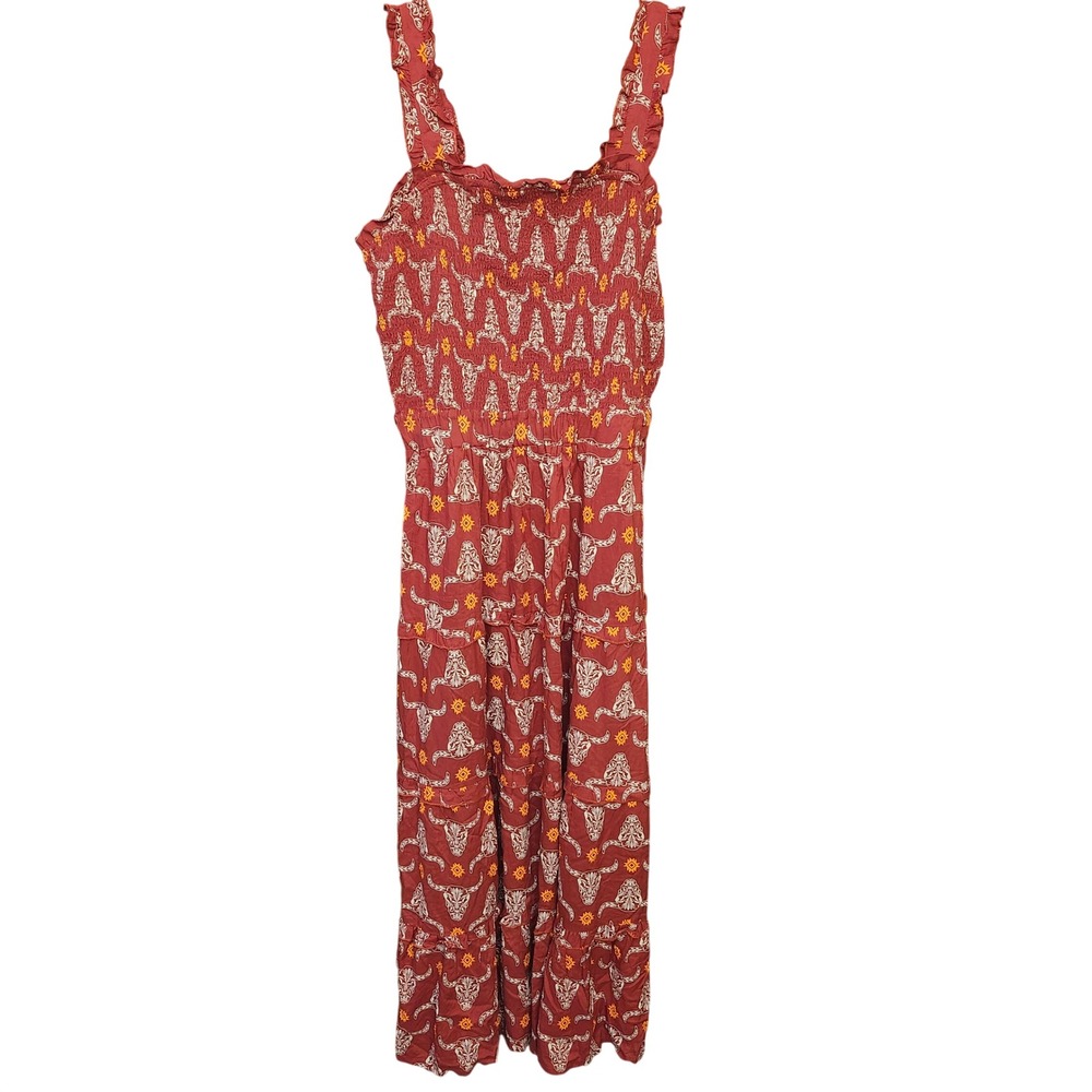 Cotton & Rye Outfitters Rust Western Longhorn Skull Smocked Tiered Maxi Dress L
